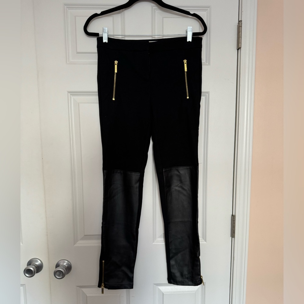 Michael Kors Black Leggings with Faux Leather and Gold Zippers Size 8